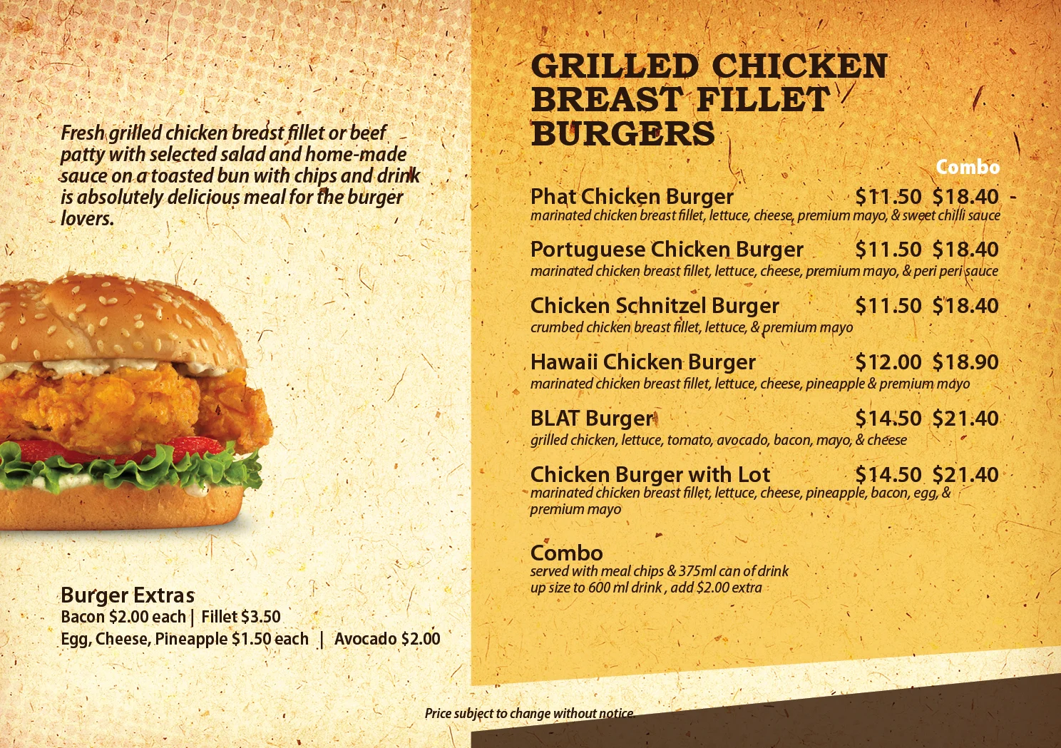 Phat Chicken menu | grilled chicken breast fillet burgers