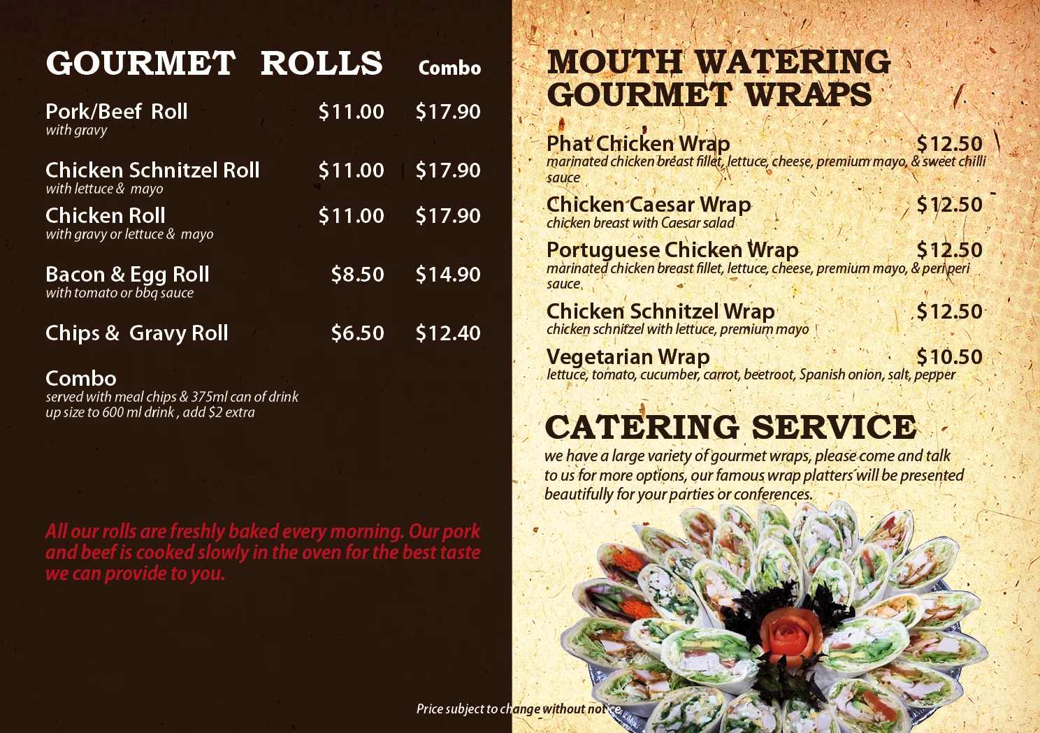 Phat Chicken menu | gourmet roll and wraps