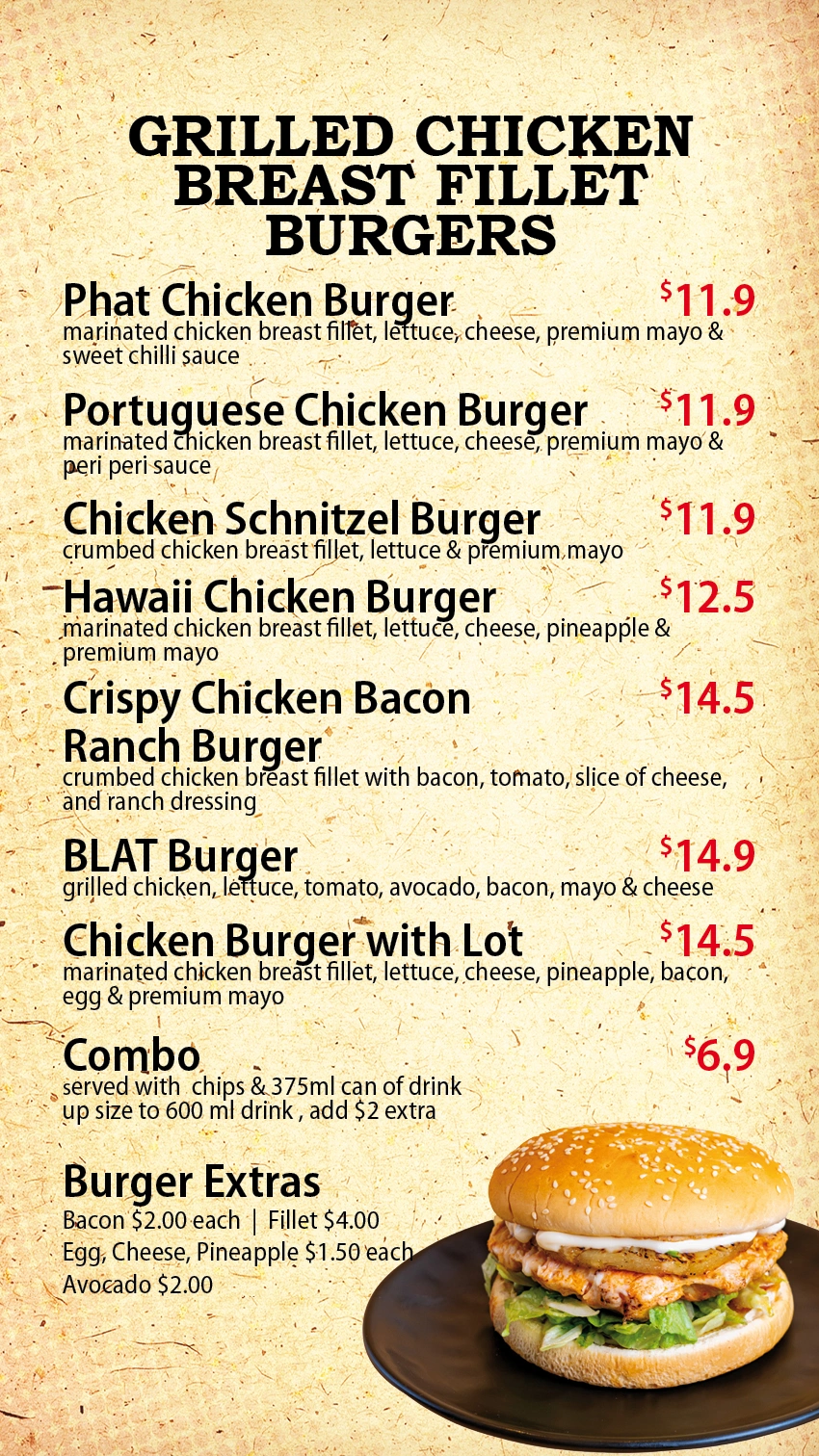 Phat Chicken menu | Chicken burgers